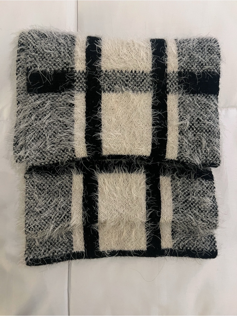 Cozy Fuzzy Plaid Knit Infinity Scarf - Black & Cream